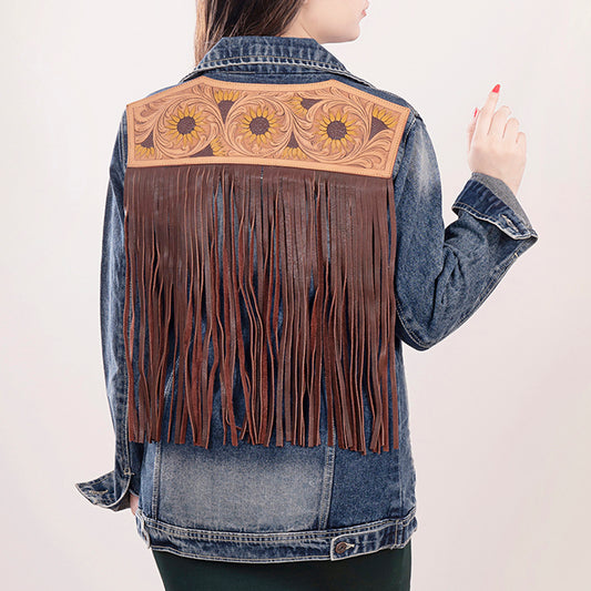 LC-ADJKT016 Denim Jacket with Tooled Leather Sunflowers & Fringe