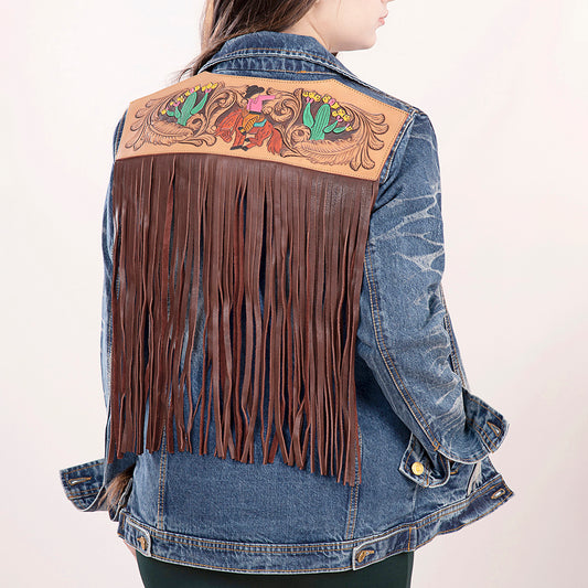 LC-ADJKT017 Denim Jacket with Tooled Cowgirl Scene & Leather Fringe