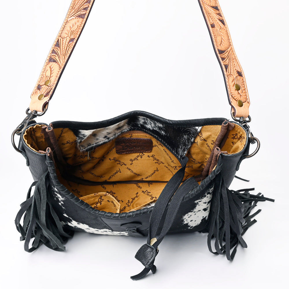 ADBG351 American Darling Western Leather Crossbody Bag with Hair-On Cowhide and Hand Tooled Strap