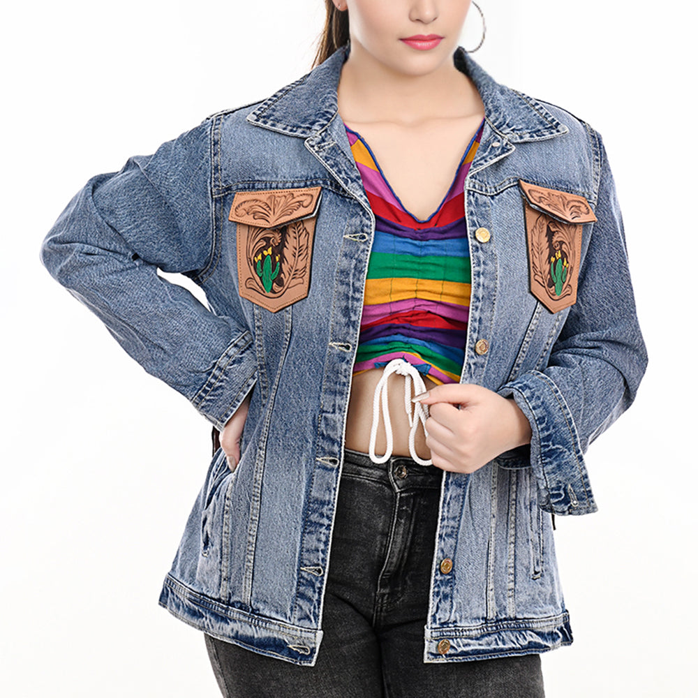 LC-ADJKT001 Western Denim Jacket with Hand-Tooled Leather Yoke & Fringe - Cowboy & Cactus Design