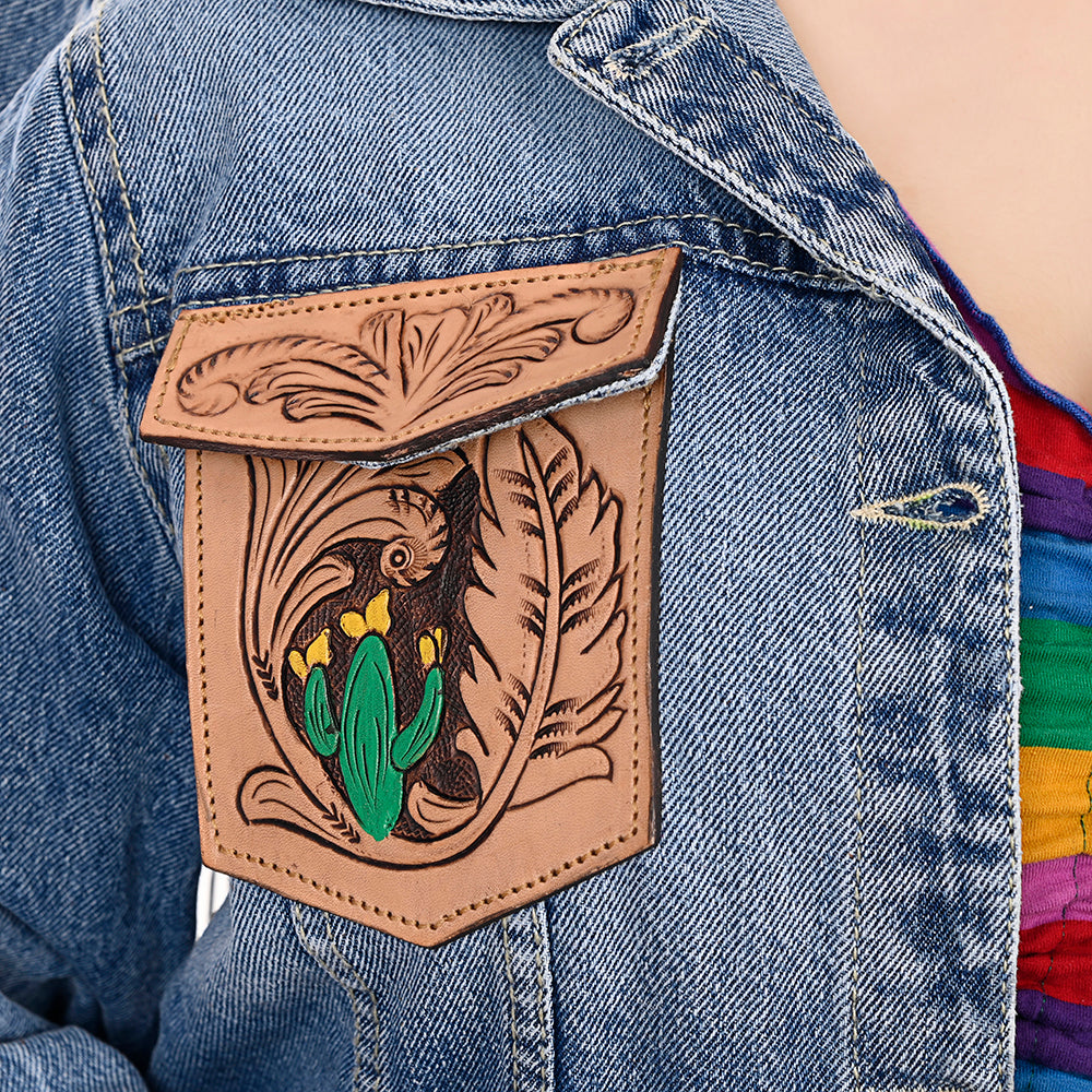 LC-ADJKT001 Western Denim Jacket with Hand-Tooled Leather Yoke & Fringe - Cowboy & Cactus Design