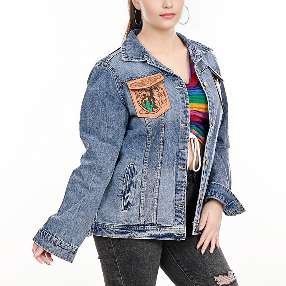 LC-ADJKT001 Western Denim Jacket with Hand-Tooled Leather Yoke & Fringe - Cowboy & Cactus Design