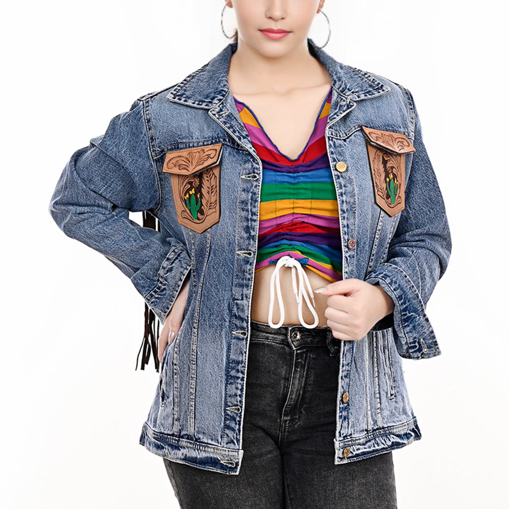 LC-ADJKT001 Western Denim Jacket with Hand-Tooled Leather Yoke & Fringe - Cowboy & Cactus Design