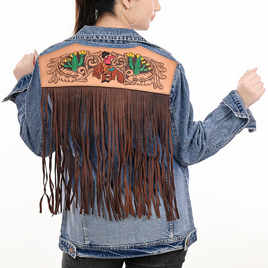 LC-ADJKT001 Western Denim Jacket with Hand-Tooled Leather Yoke & Fringe - Cowboy & Cactus Design