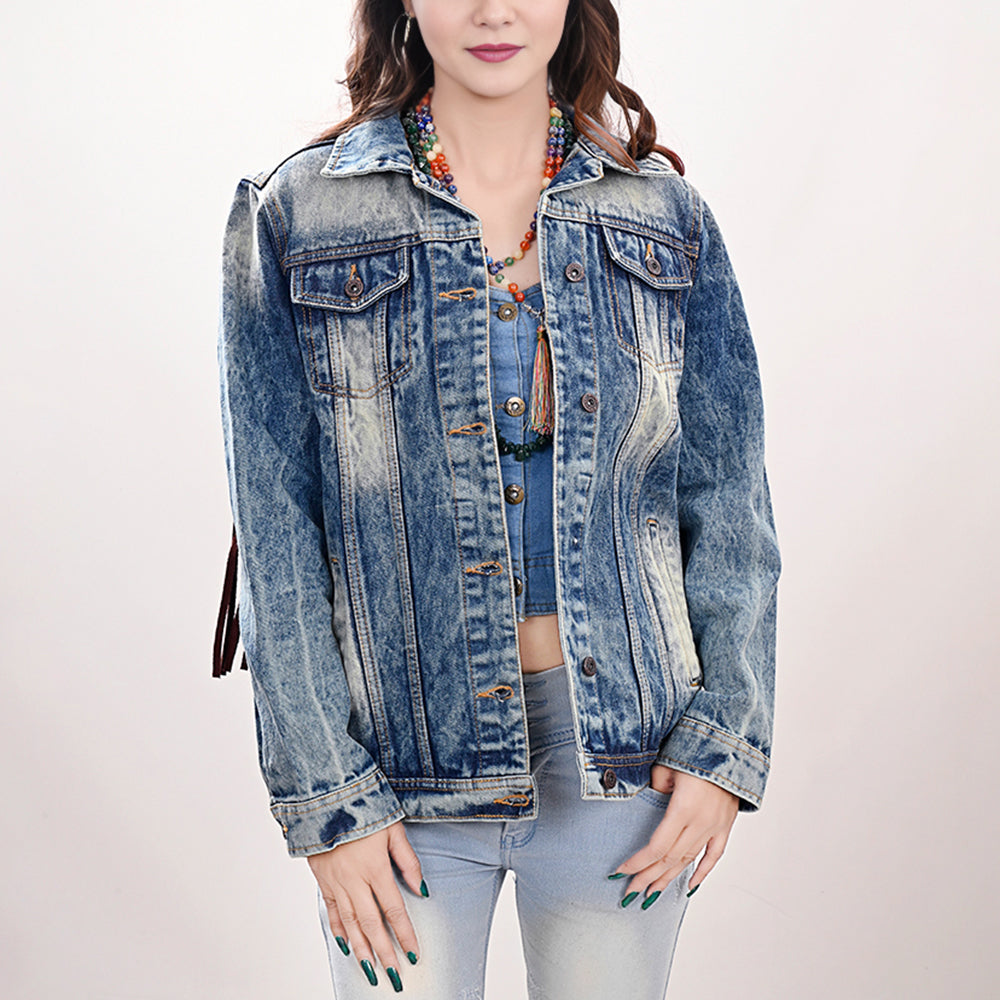 LC-ADJKT005 Vintage Wash Denim Jacket with Light Tan Tooled Leather Yoke & Fringe - Western Cowgirl Statement