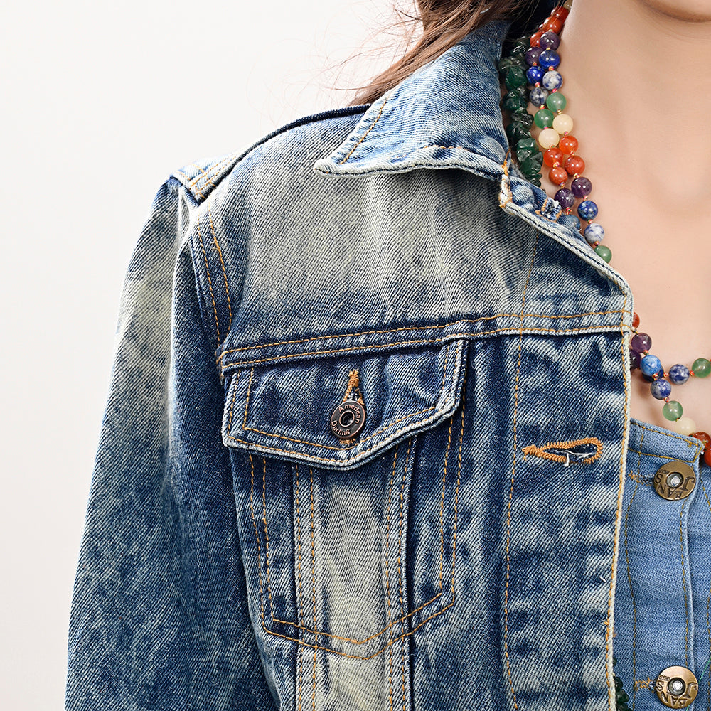 LC-ADJKT005 Vintage Wash Denim Jacket with Light Tan Tooled Leather Yoke & Fringe - Western Cowgirl Statement