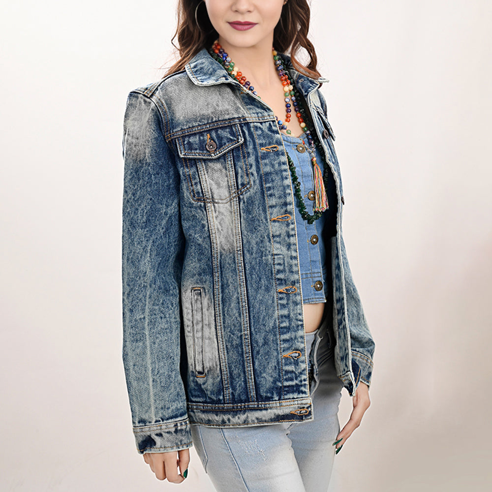 LC-ADJKT005 Vintage Wash Denim Jacket with Light Tan Tooled Leather Yoke & Fringe - Western Cowgirl Statement