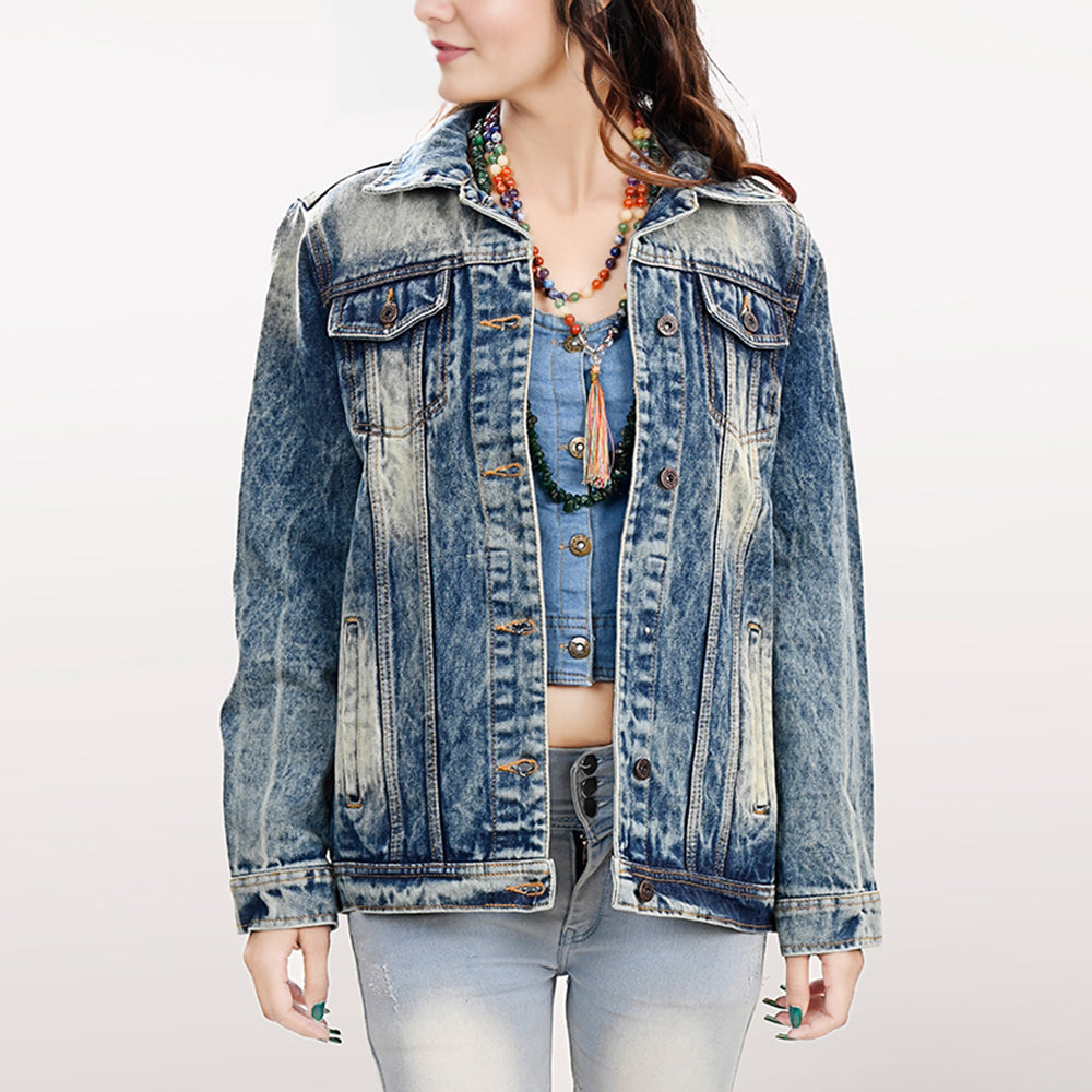 LC-ADJKT005 Vintage Wash Denim Jacket with Light Tan Tooled Leather Yoke & Fringe - Western Cowgirl Statement
