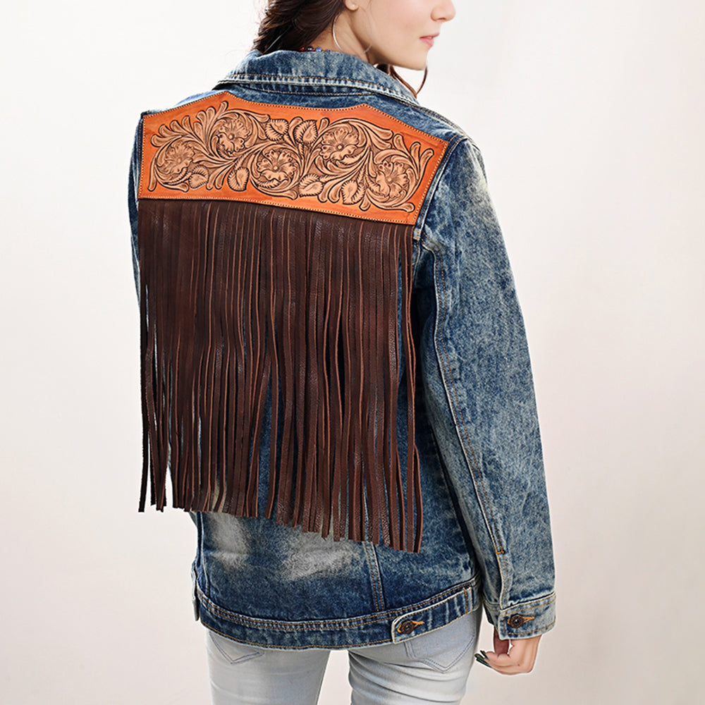LC-ADJKT005 Vintage Wash Denim Jacket with Light Tan Tooled Leather Yoke & Fringe - Western Cowgirl Statement