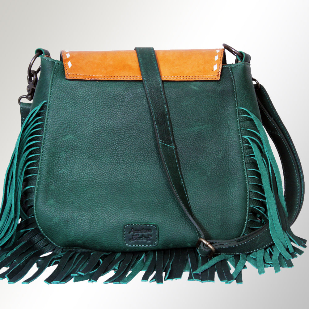 LC-ADBGZ483 Tan & Green Tooled Leather Messenger Bag - Floral Design with Turquoise Accent and Fringe