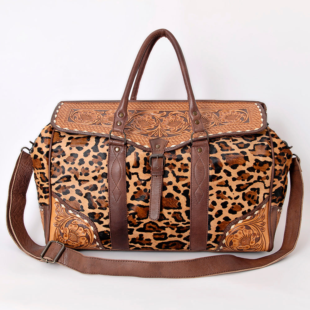 ADBG516Q Leopard Print Cowhide and Tooled Leather Western Duffle Bag