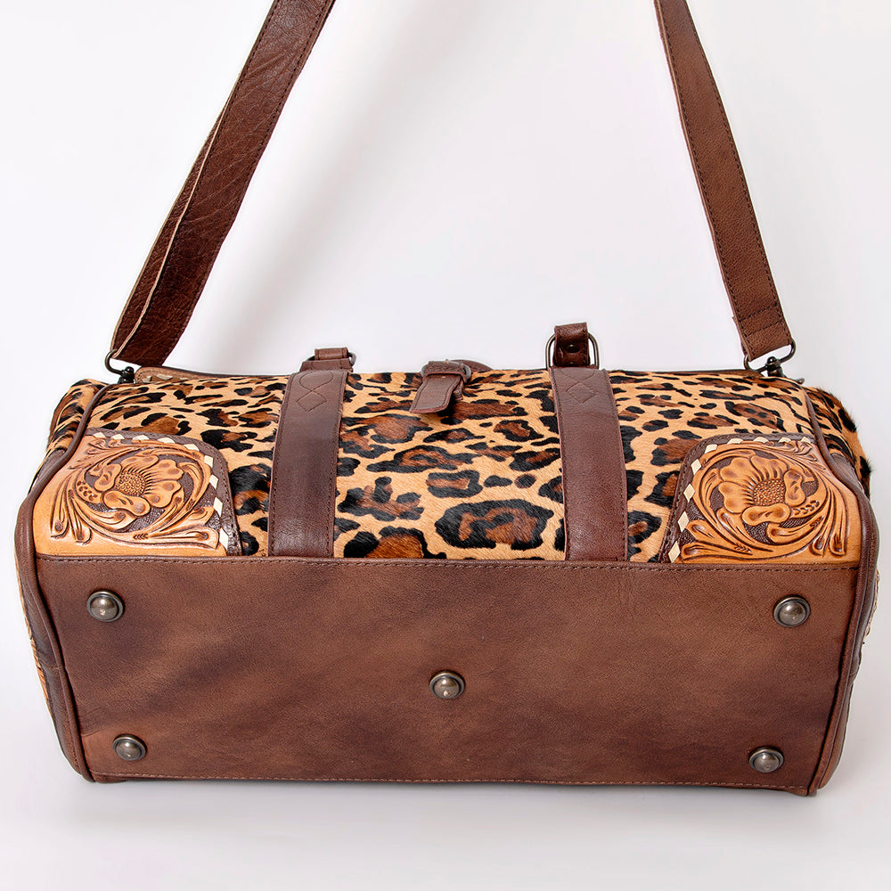 ADBG516Q Leopard Print Cowhide and Tooled Leather Western Duffle Bag