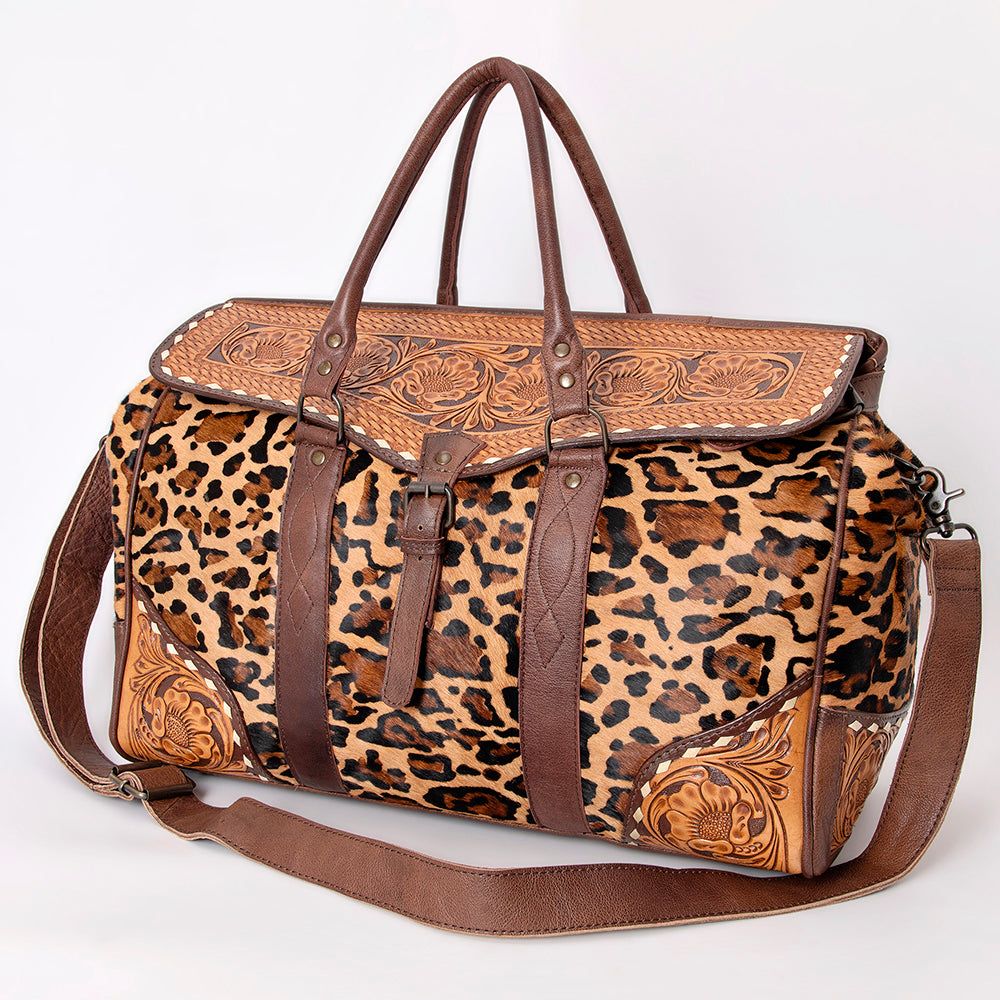 ADBG516Q Leopard Print Cowhide and Tooled Leather Western Duffle Bag