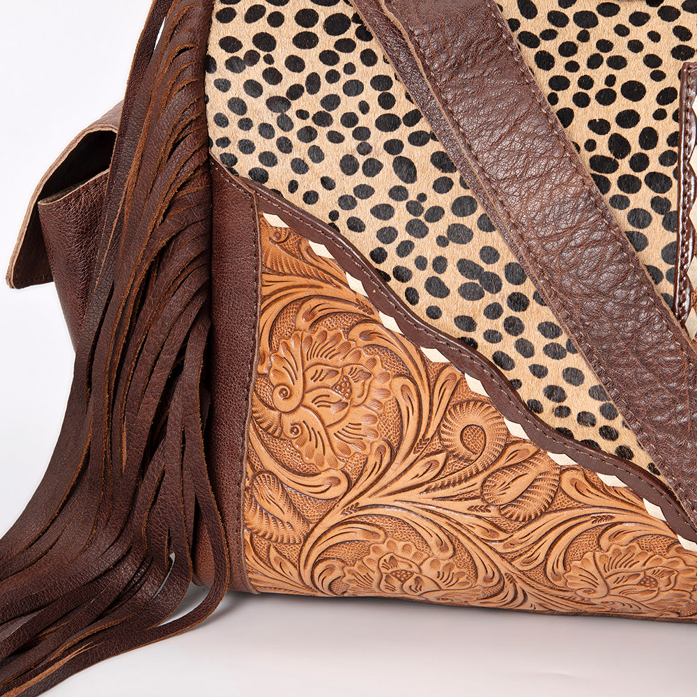 ADBG608 Hair-On-Hide Cowhide Duffle Bag with Tooled Leather & Fringe Western Weekender with Turquoise Concho
