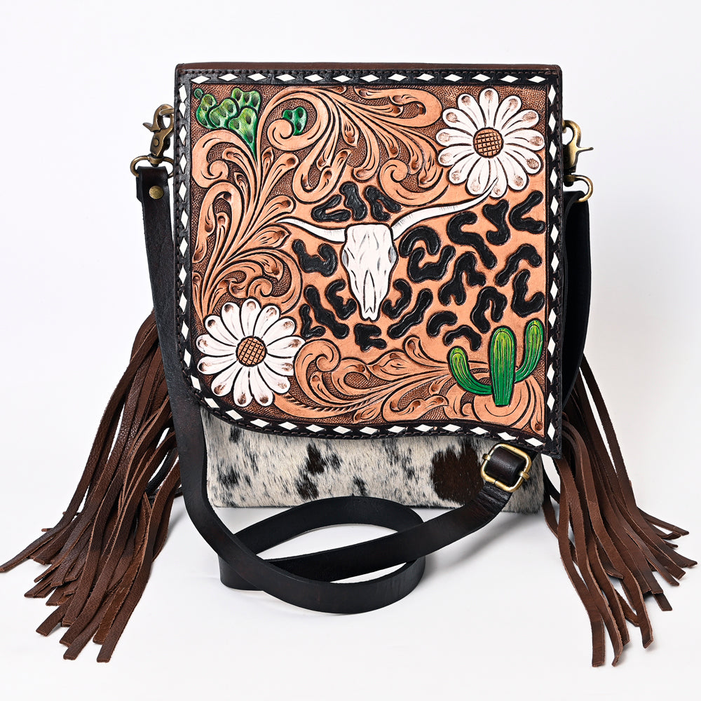 ADBGA333 Western Messenger Bag with Tooled Leather Longhorn Design & Cowhide Fringe