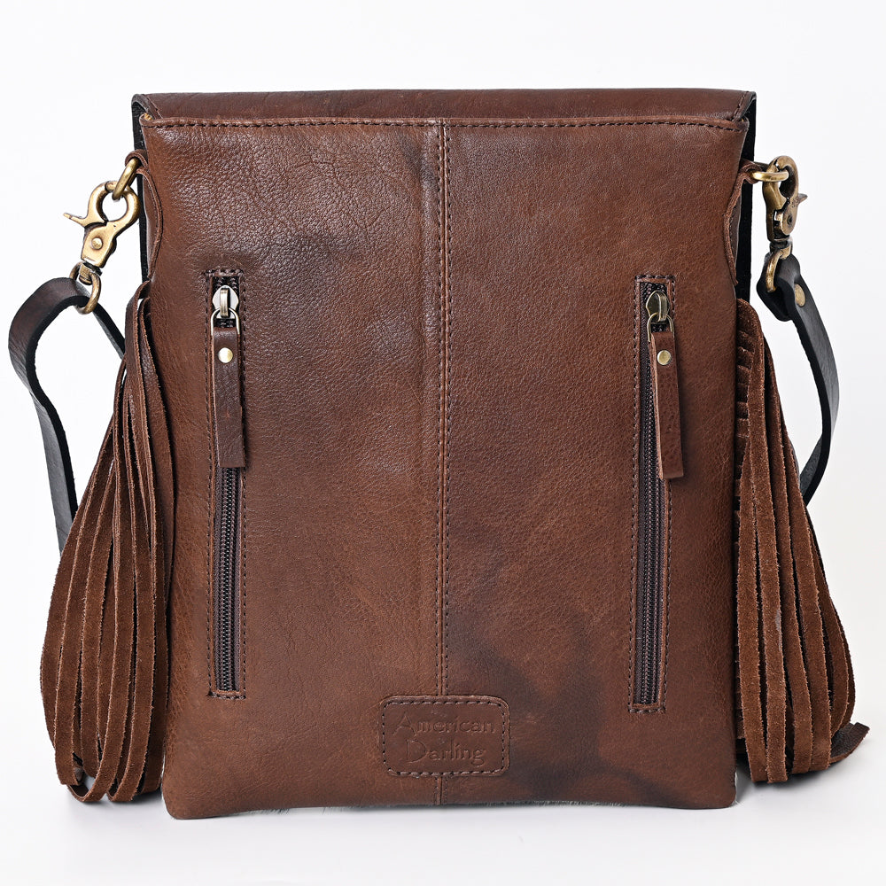 ADBGA333 Western Messenger Bag with Tooled Leather Longhorn Design & Cowhide Fringe