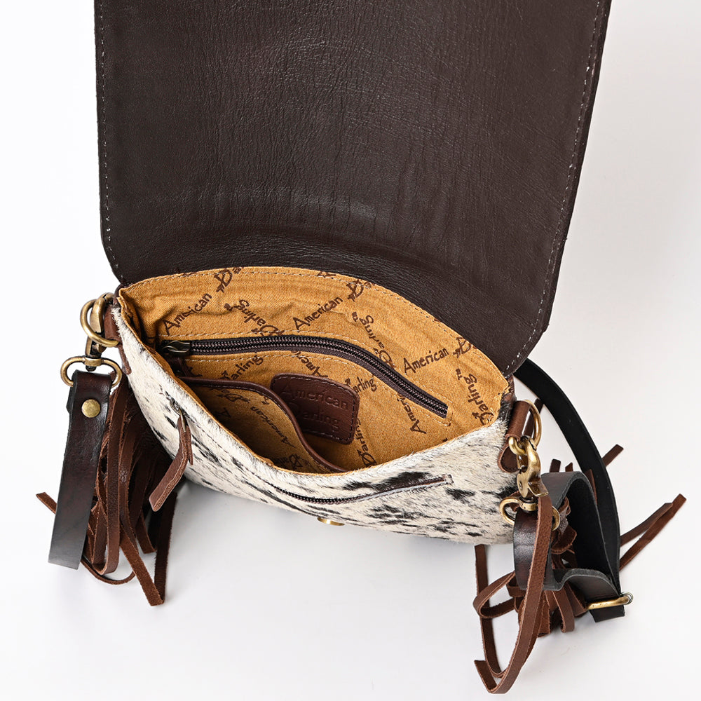 ADBGA333 Western Messenger Bag with Tooled Leather Longhorn Design & Cowhide Fringe