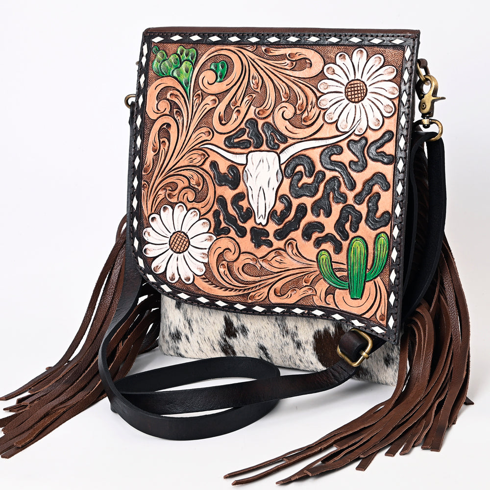 ADBGA333 Western Messenger Bag with Tooled Leather Longhorn Design & Cowhide Fringe