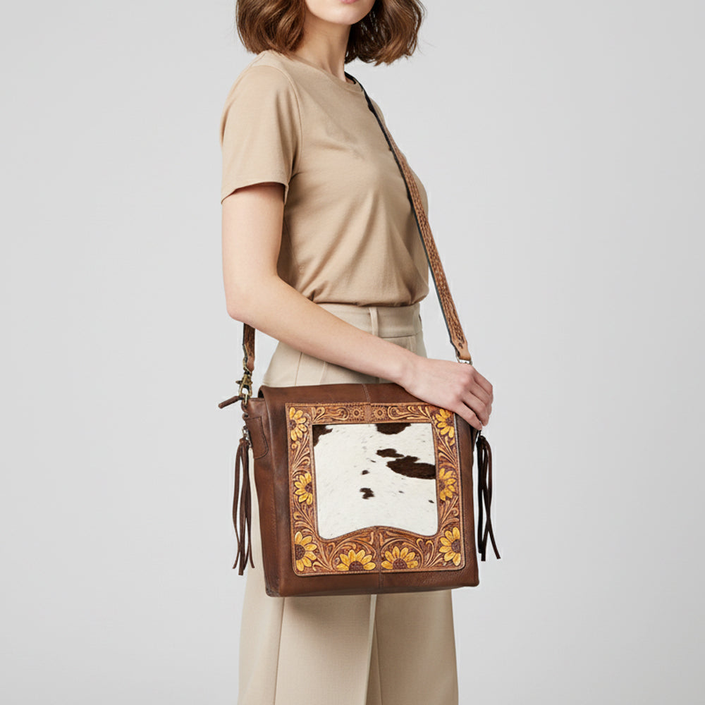 ADBGA337 American Darling Hair-On Cowhide Hand Tooled Leather Messenger Bag