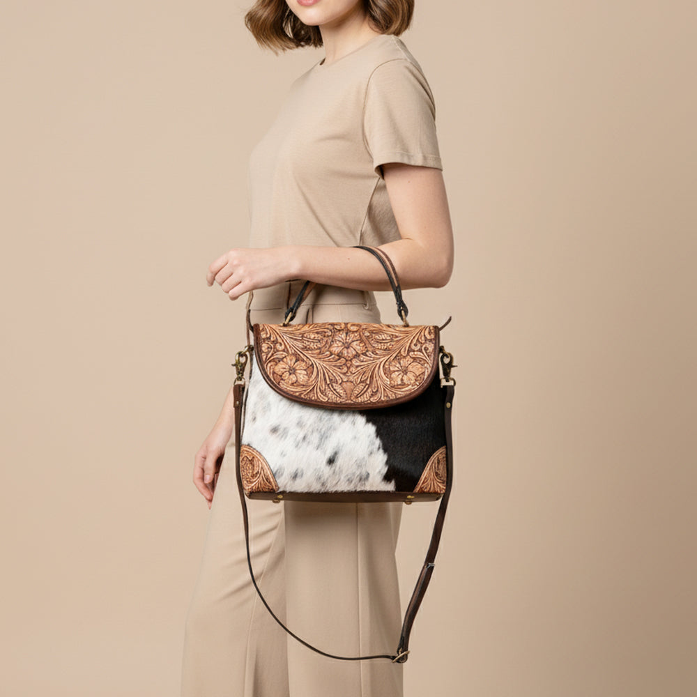 ADBGA338 American Darling Hair-On Cowhide Hand Tooled Leather Messenger Bag