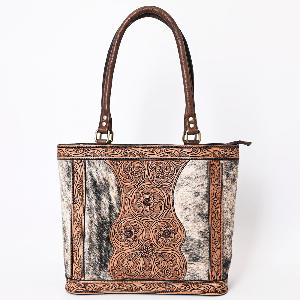 ADBGA339 Hair-On Cowhide Tote Bag with Hand-Tooled Leather Floral Accents