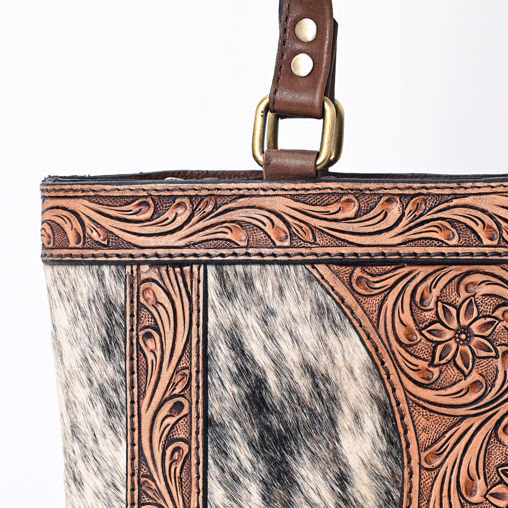 ADBGA339 Hair-On Cowhide Tote Bag with Hand-Tooled Leather Floral Accents