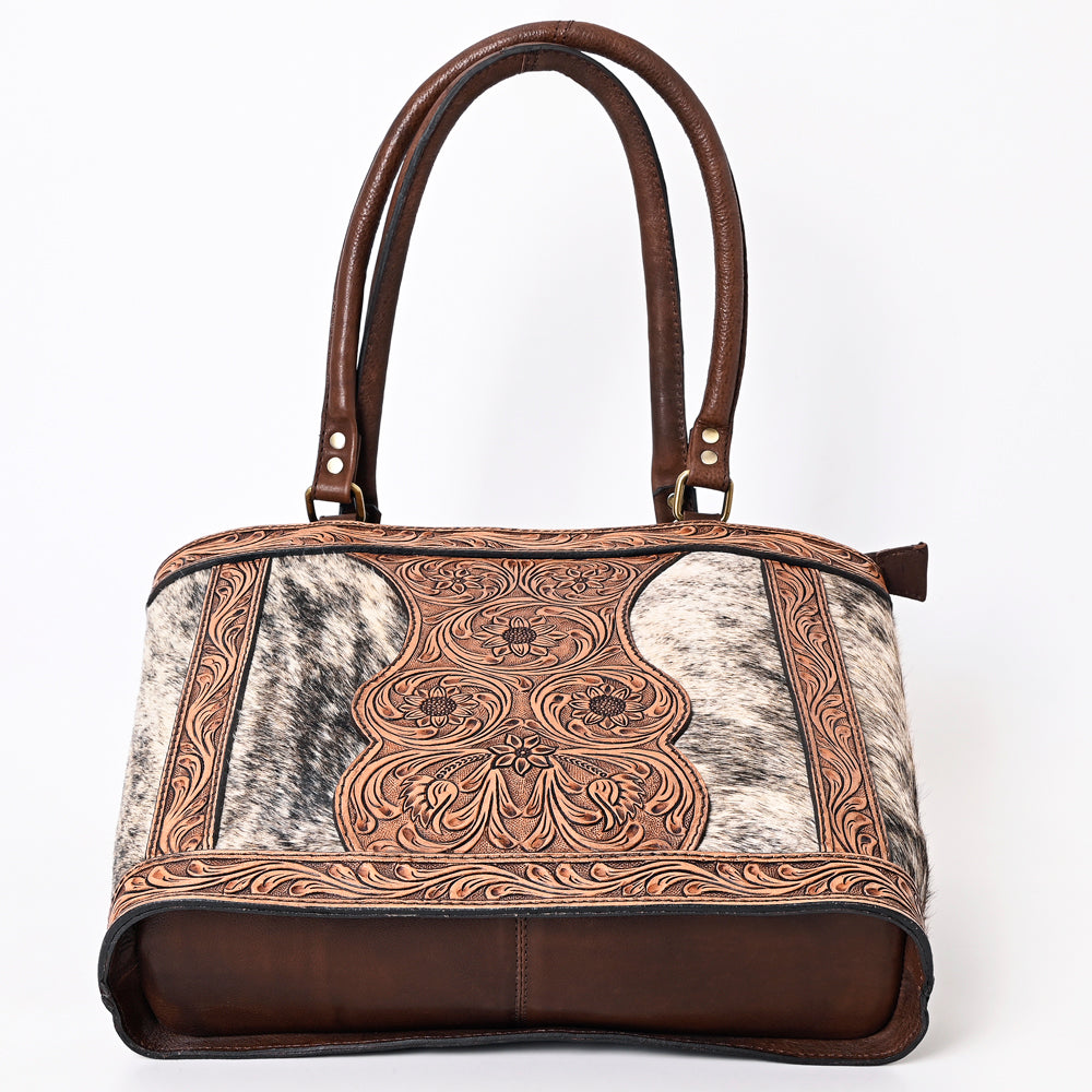 ADBGA339 Hair-On Cowhide Tote Bag with Hand-Tooled Leather Floral Accents