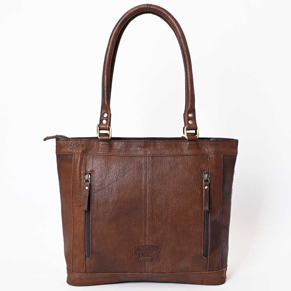 ADBGA339 Hair-On Cowhide Tote Bag with Hand-Tooled Leather Floral Accents