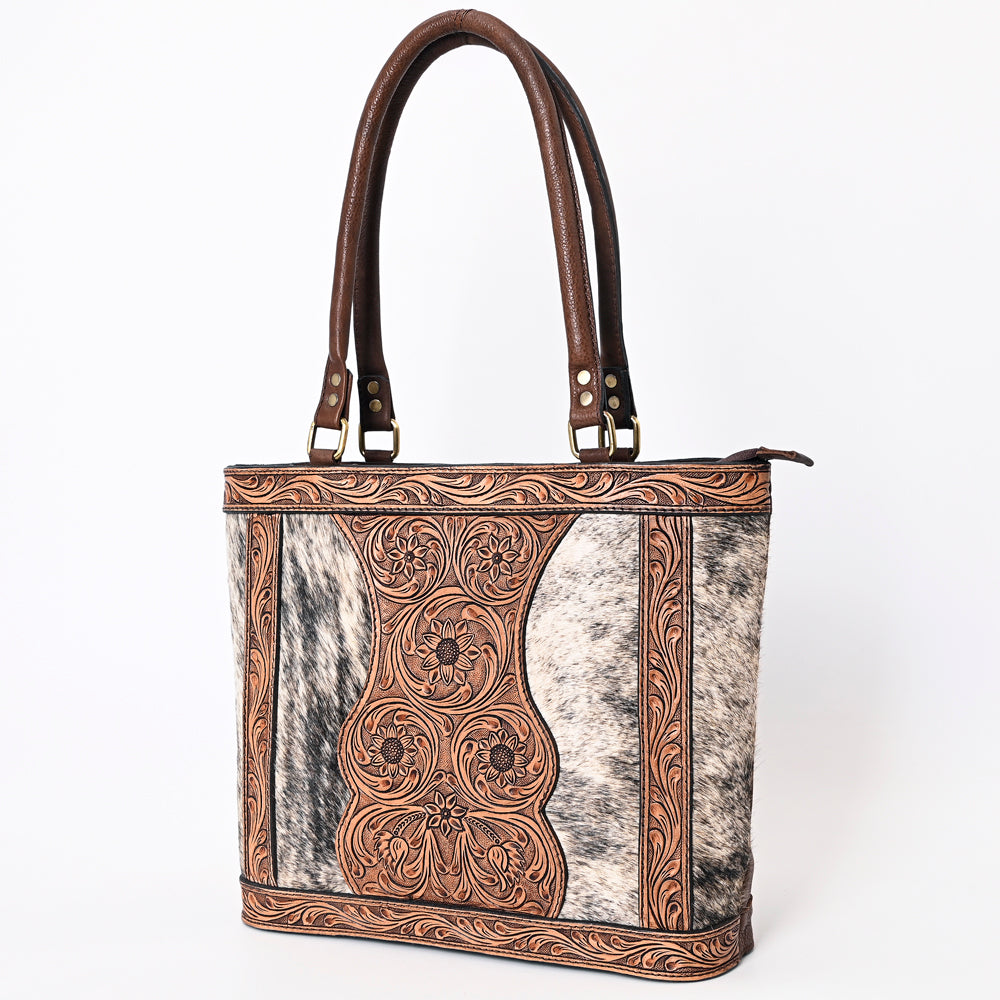 ADBGA339 Hair-On Cowhide Tote Bag with Hand-Tooled Leather Floral Accents