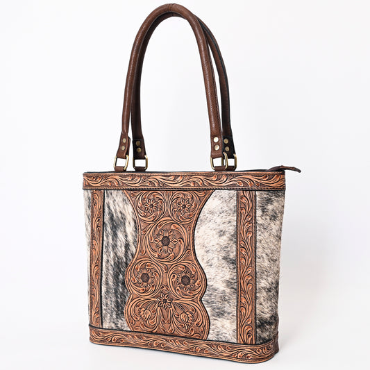 ADBGA339 Hair-On Cowhide Tote Bag with Hand-Tooled Leather Floral Accents