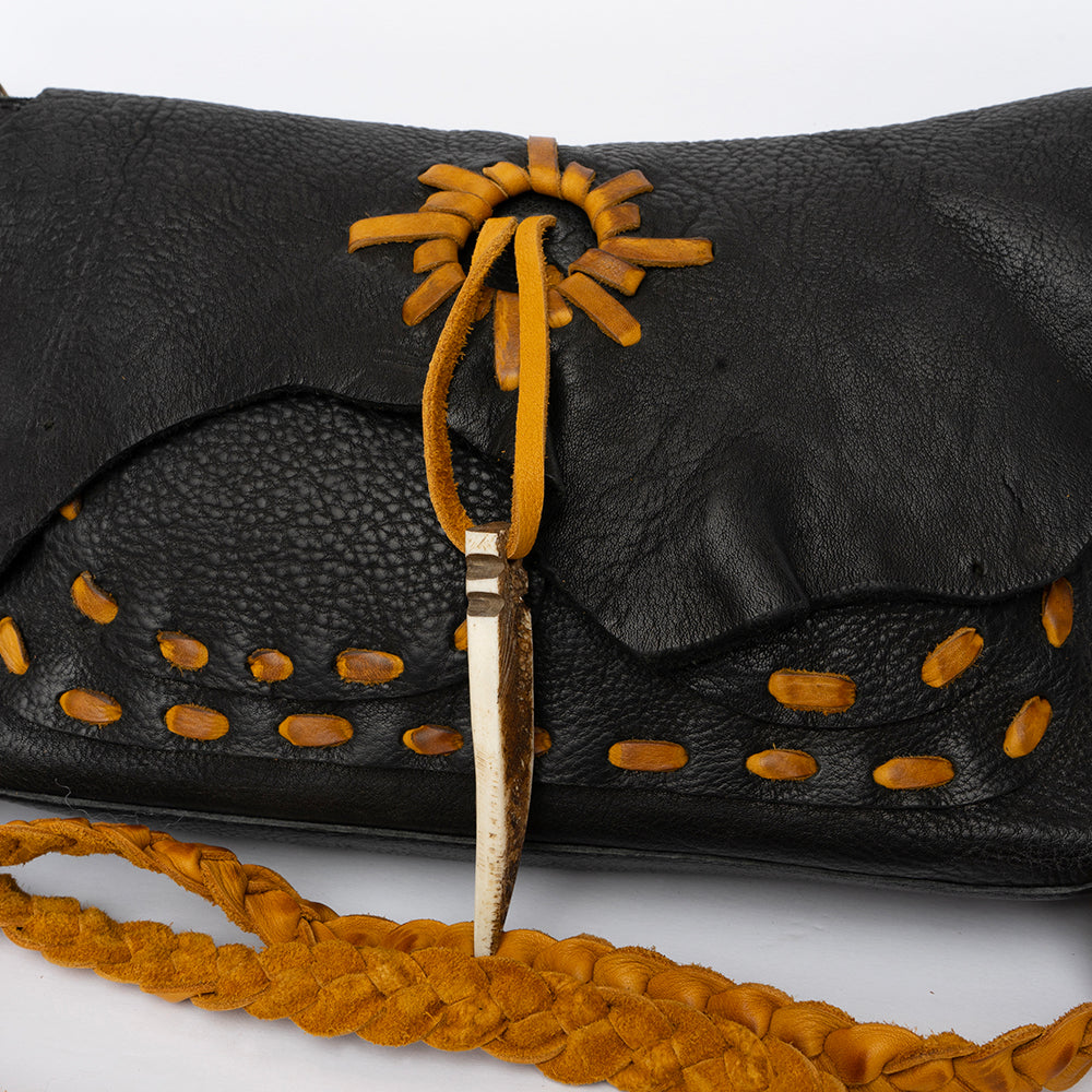 LC-ADBGM254 Raw-Edge Leather Western Crossbody Bag - Fringe Saddle Purse with Horn Toggle & Braided Strap