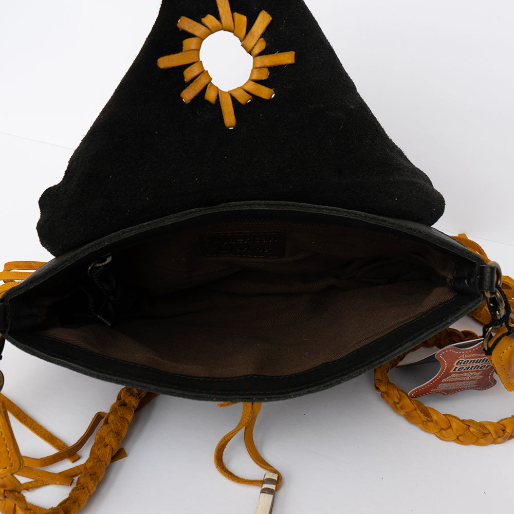 LC-ADBGM254 Raw-Edge Leather Western Crossbody Bag - Fringe Saddle Purse with Horn Toggle & Braided Strap