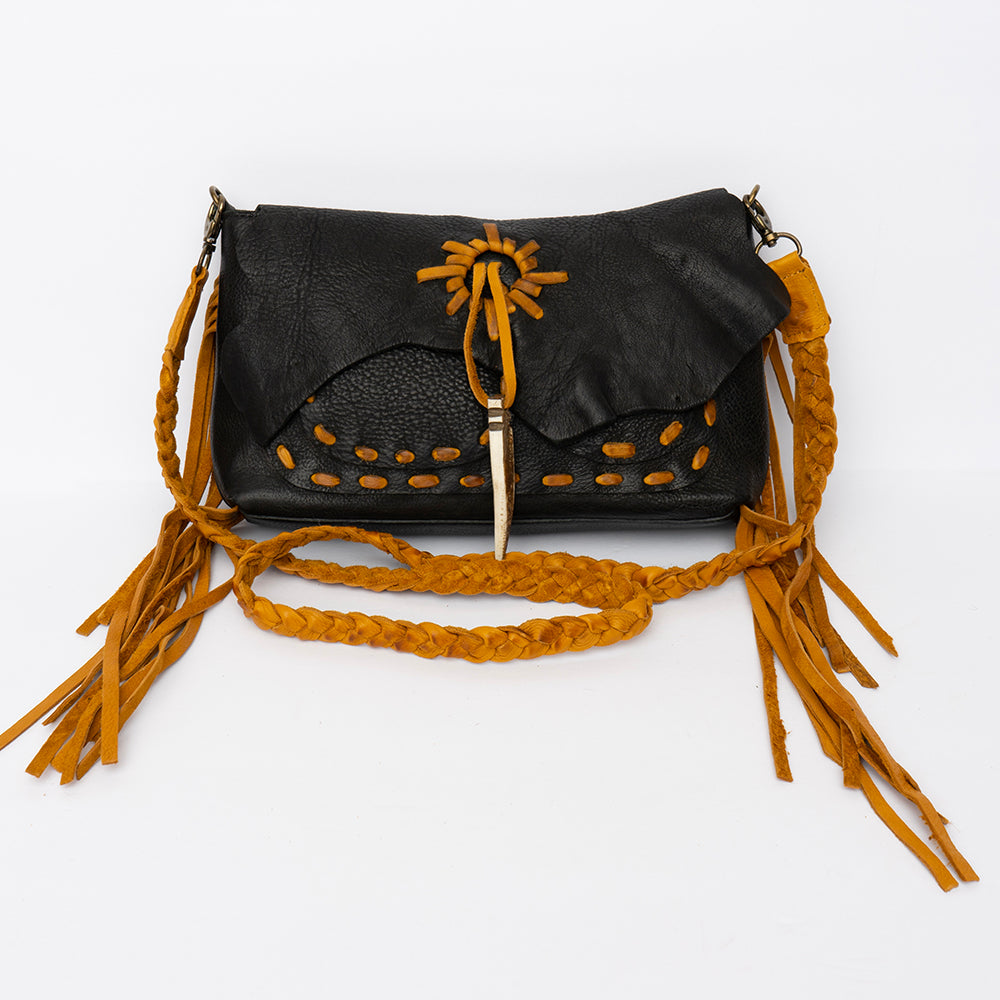 LC-ADBGM254 Raw-Edge Leather Western Crossbody Bag - Fringe Saddle Purse with Horn Toggle & Braided Strap