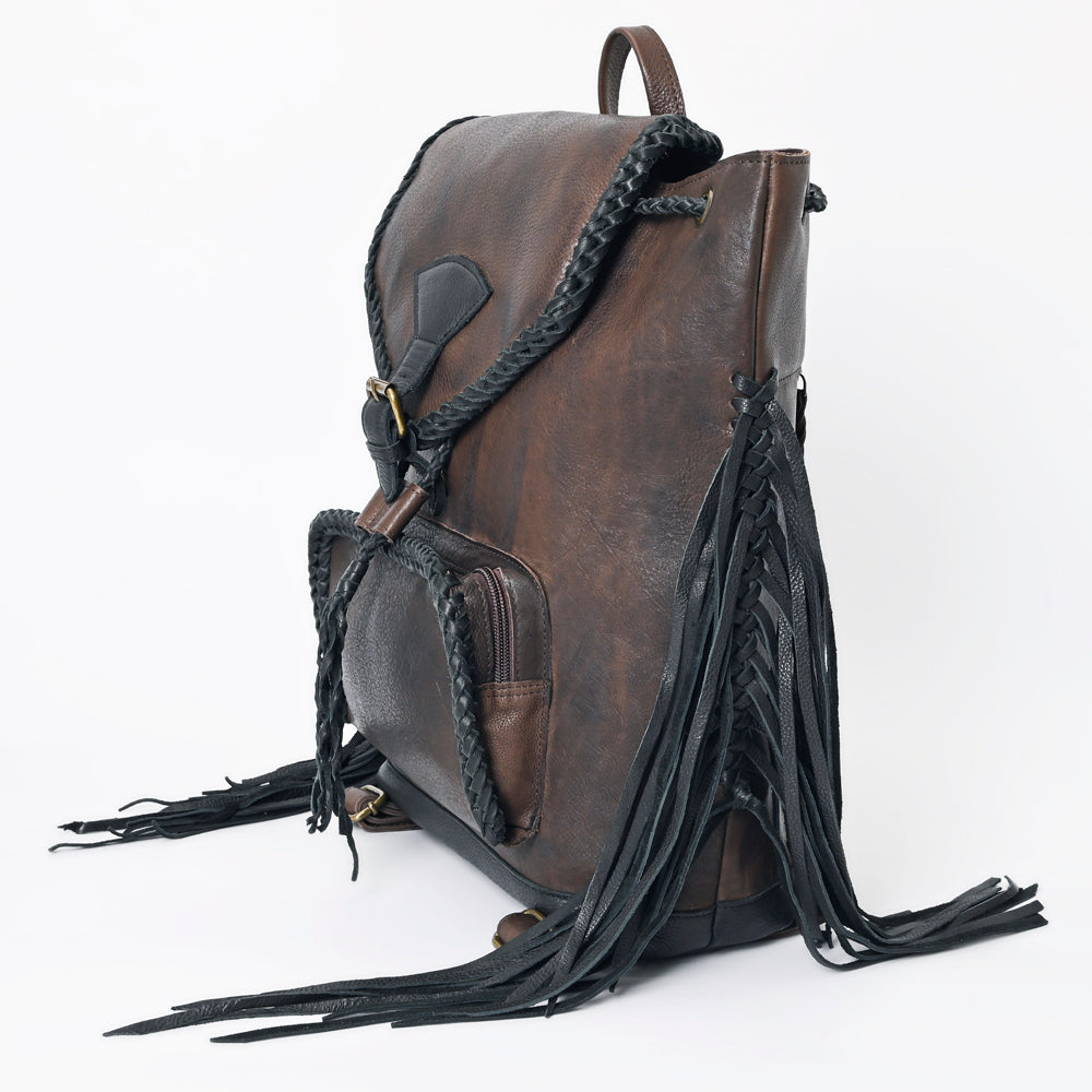 ADBGM275 Western Leather Backpack - Braided Trim, Fringe & Buckle Closure