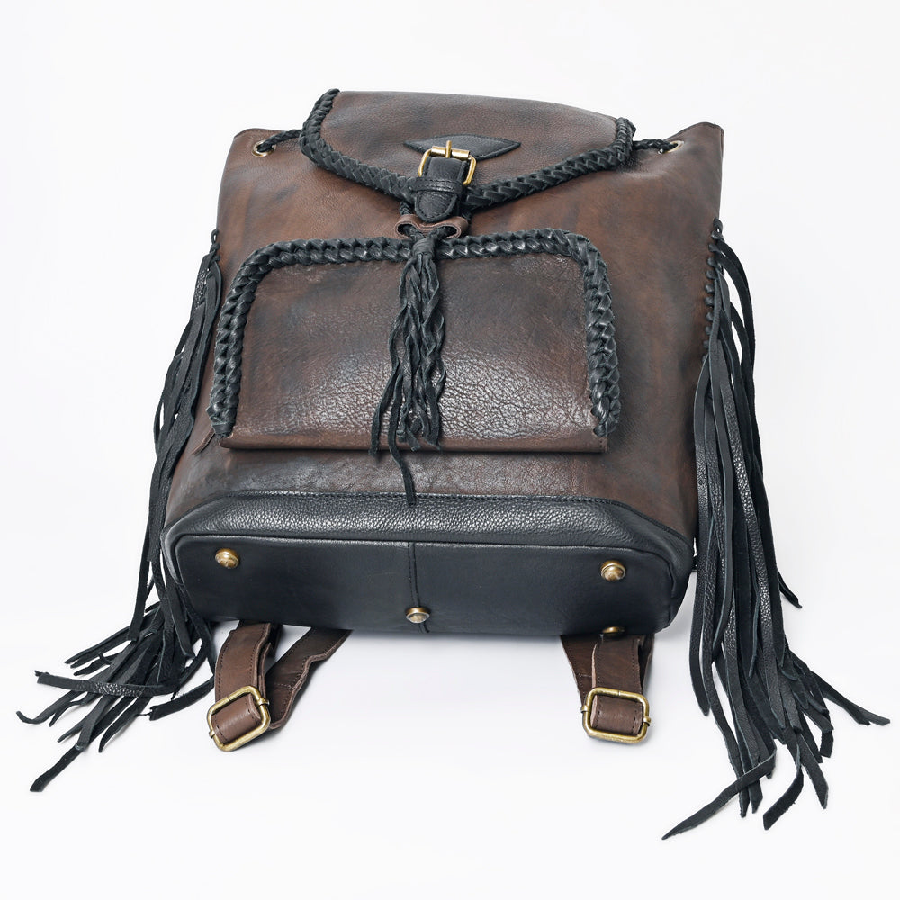 ADBGM275 Western Leather Backpack - Braided Trim, Fringe & Buckle Closure