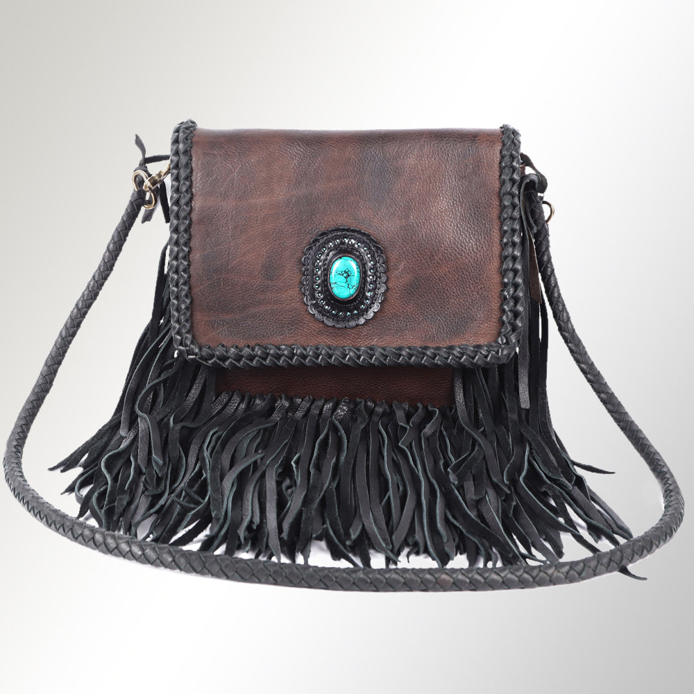 ADBGM261 Handcrafted Leather Crossbody Bag with Turquoise Concho & Braided Trim - Western Shoulder Purse