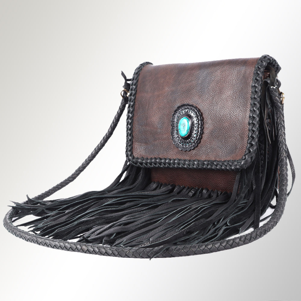 ADBGM261 Handcrafted Leather Crossbody Bag with Turquoise Concho & Braided Trim - Western Shoulder Purse