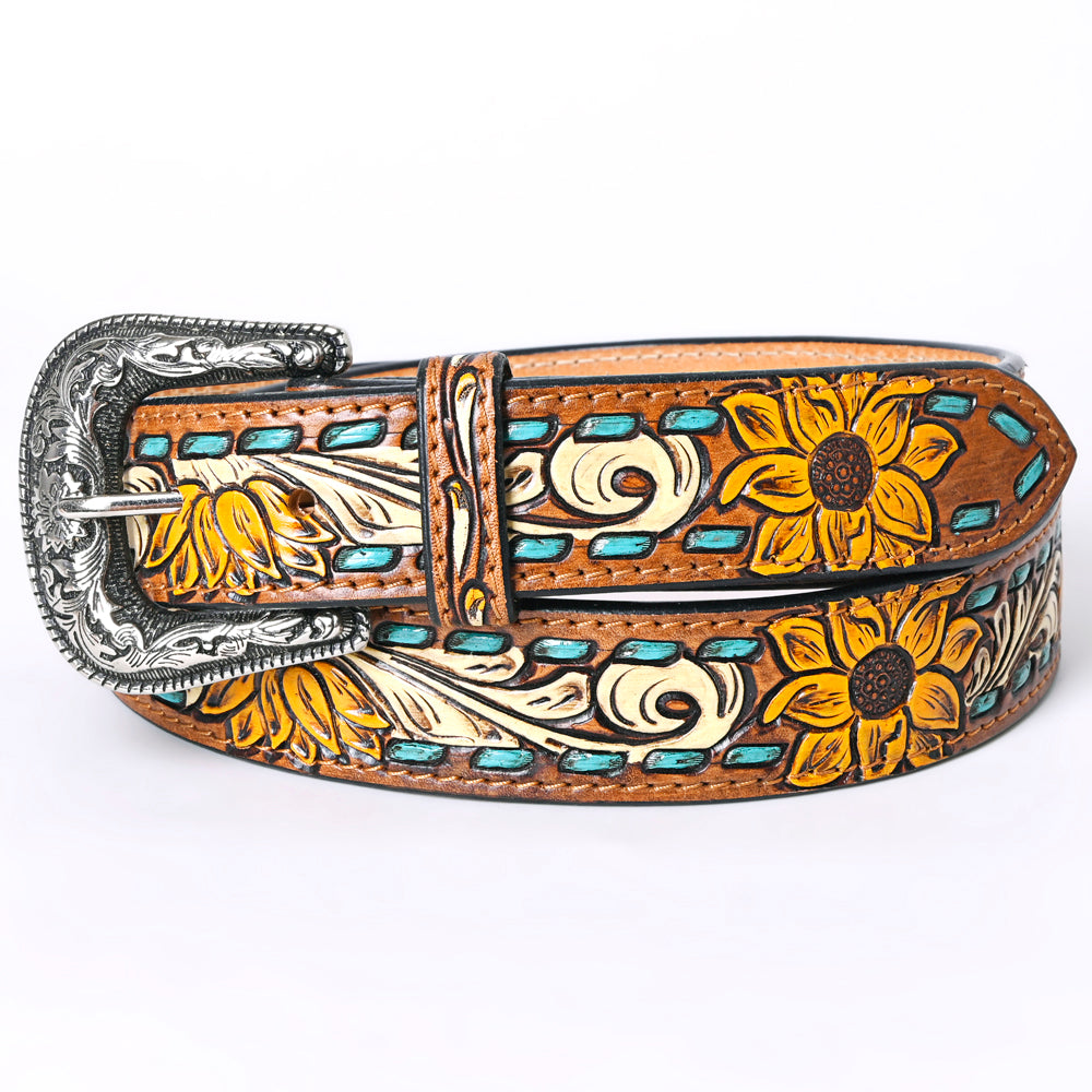 LC-ADBLF204 Sunflower Tooled Leather Belt with Teal Whipstitch and Silver Buckle