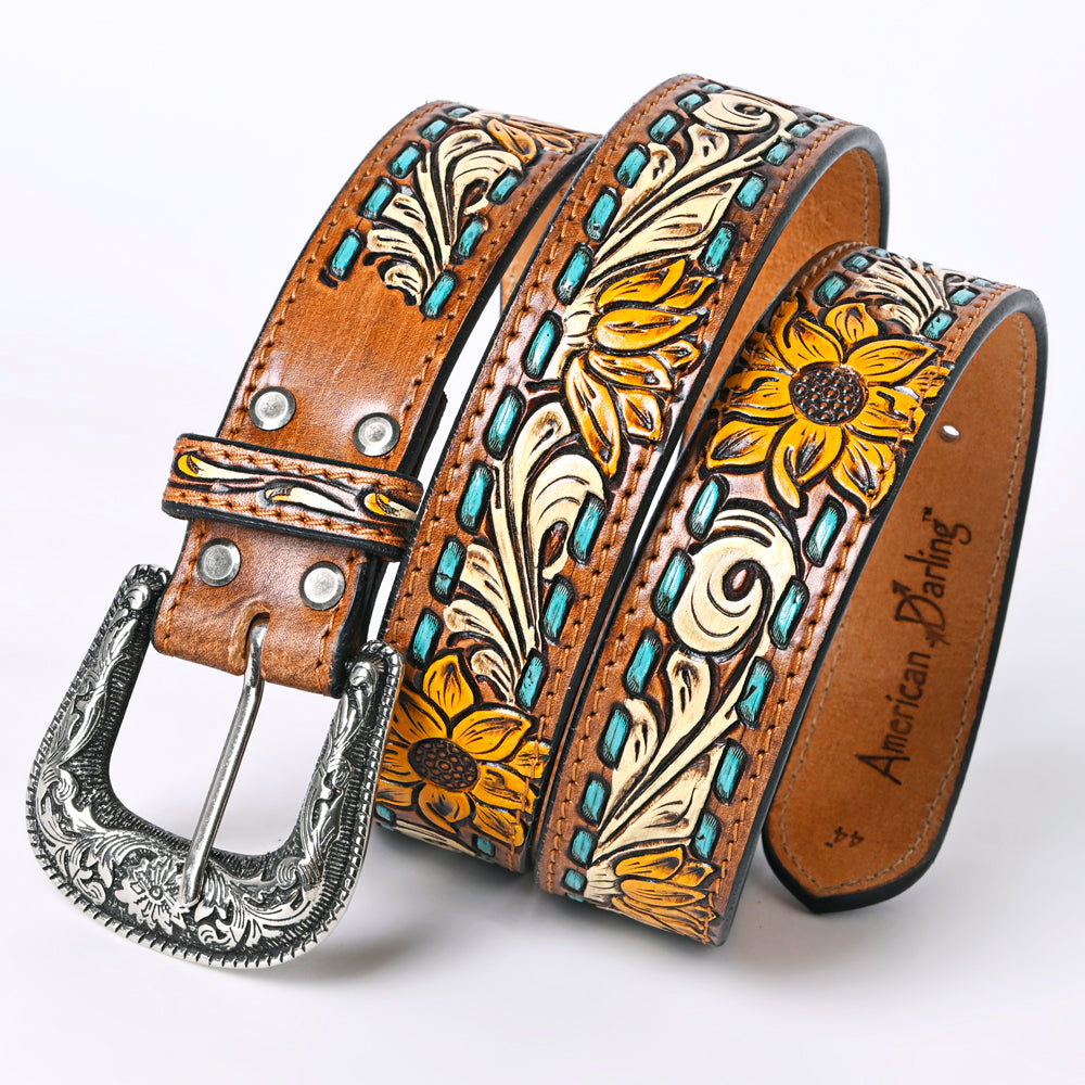 LC-ADBLF204 Sunflower Tooled Leather Belt with Teal Whipstitch and Silver Buckle