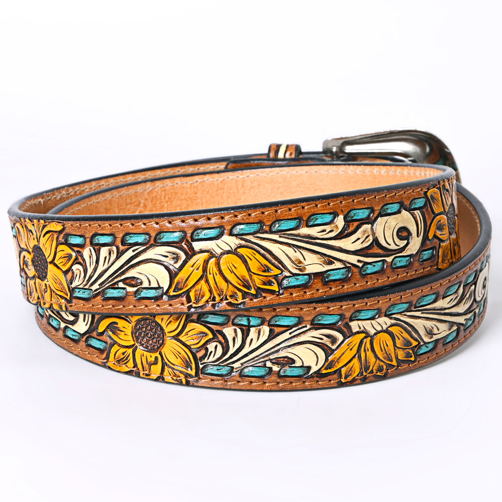 LC-ADBLF204 Sunflower Tooled Leather Belt with Teal Whipstitch and Silver Buckle