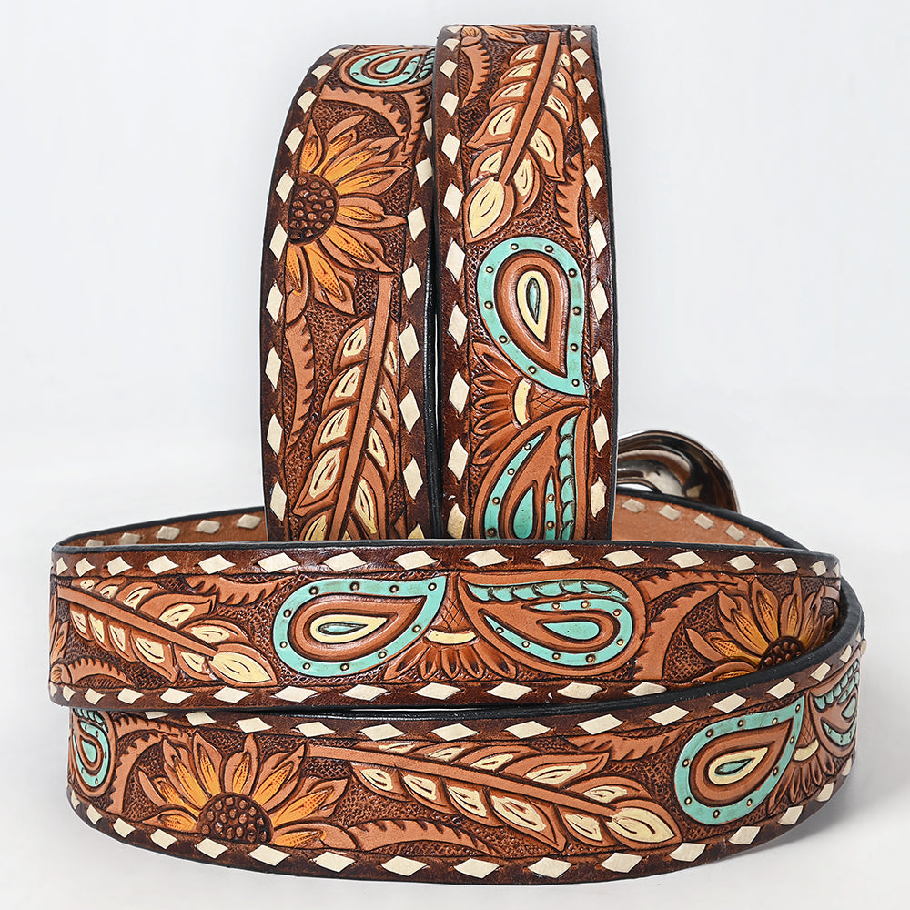 ADBLF206 Tooled Leather Western Belt with Sunflowers & Turquoise Paisley Accents