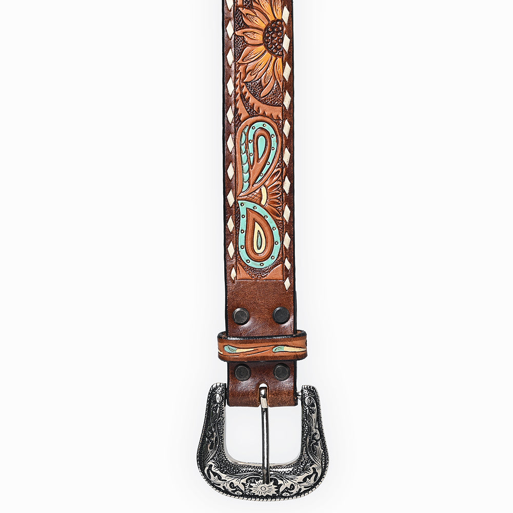 ADBLF206 Tooled Leather Western Belt with Sunflowers & Turquoise Paisley Accents