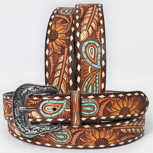 ADBLF206 Tooled Leather Western Belt with Sunflowers & Turquoise Paisley Accents
