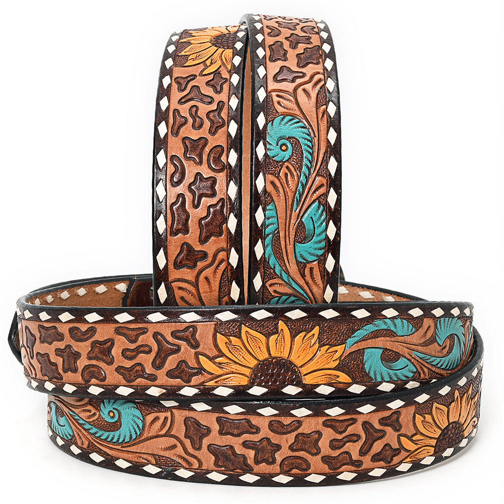 ADBLF207 Tooled Leather Western Belt with Leopard Print, Sunflowers & Turquoise Feathers