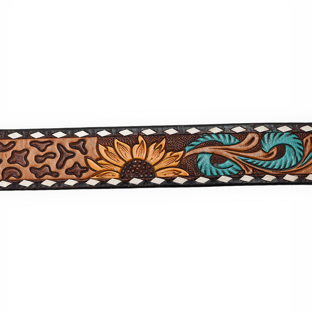 ADBLF207 Tooled Leather Western Belt with Leopard Print, Sunflowers & Turquoise Feathers