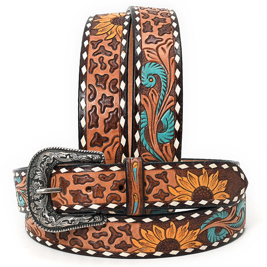 ADBLF207 Tooled Leather Western Belt with Leopard Print, Sunflowers & Turquoise Feathers