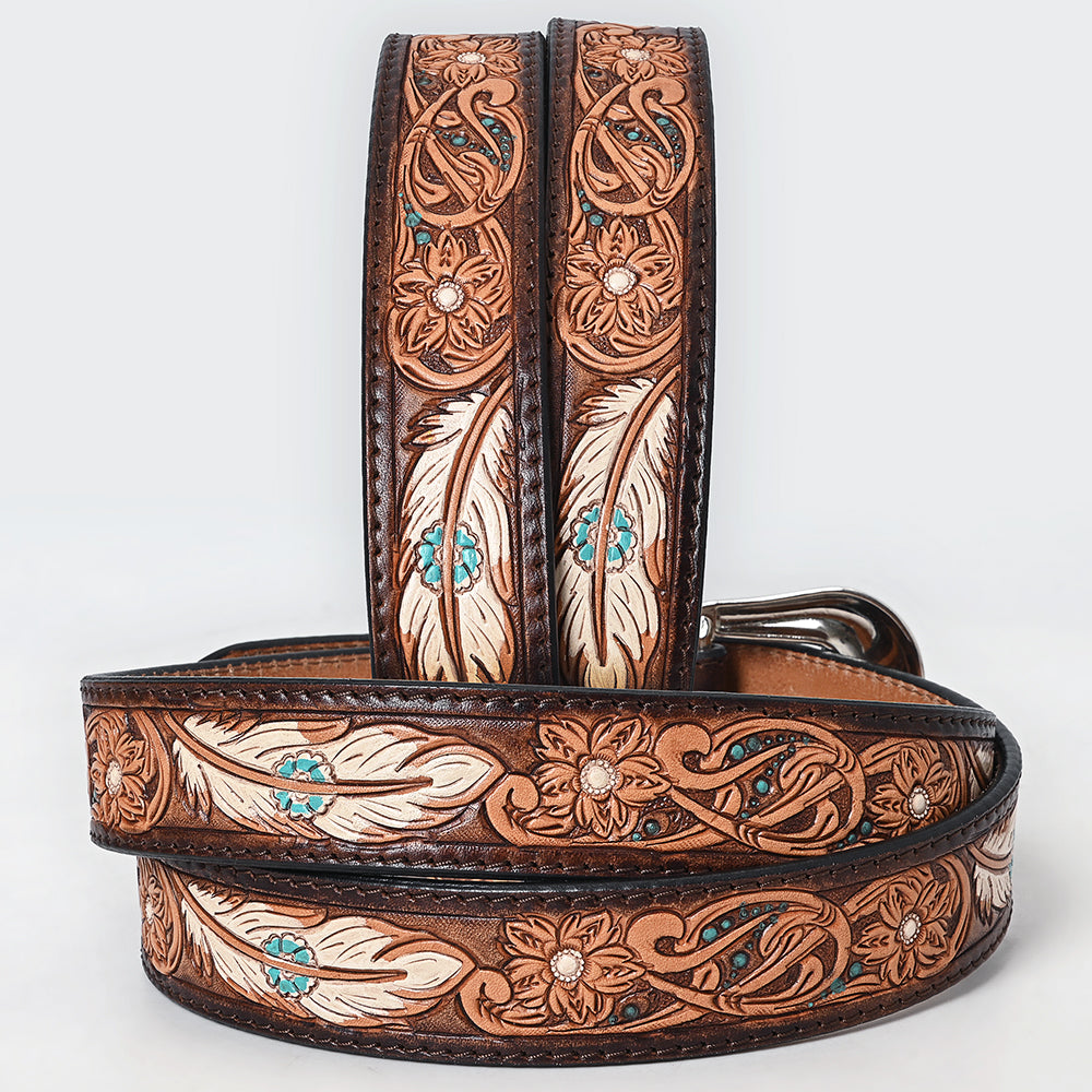 LC-ADBLF209 Tooled Leather Western Belt with White Feathers, Turquoise Accents & Floral Design