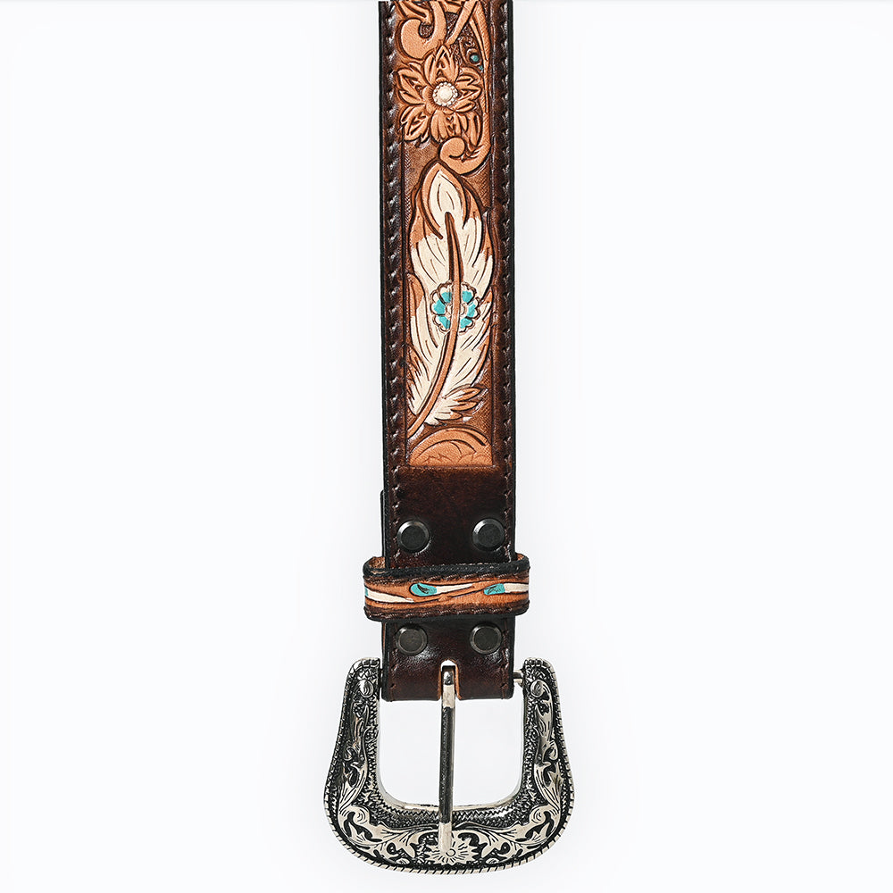 LC-ADBLF209 Tooled Leather Western Belt with White Feathers, Turquoise Accents & Floral Design