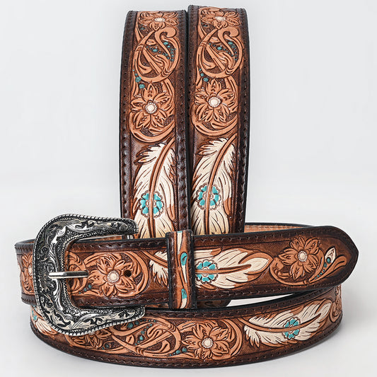 LC-ADBLF209 Tooled Leather Western Belt with White Feathers, Turquoise Accents & Floral Design