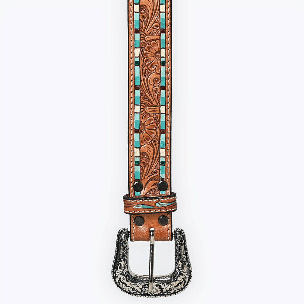 ADBLF210 Tooled Leather Western Belt with Turquoise Mosaic Inlay & Floral Tooling